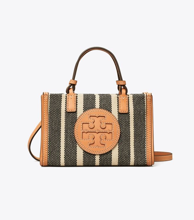 Women's Tory Burch Mini Ella Striped Canvas Tote Bags Black / White | PWTHEI-543 - Tory Burch Outlet Sale