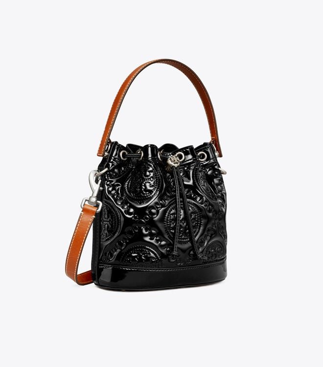 Women's Tory Burch T Monogram Embroidered Patent Bucket Bags Black | RYDGIN-842 - Tory Burch Outlet Sale