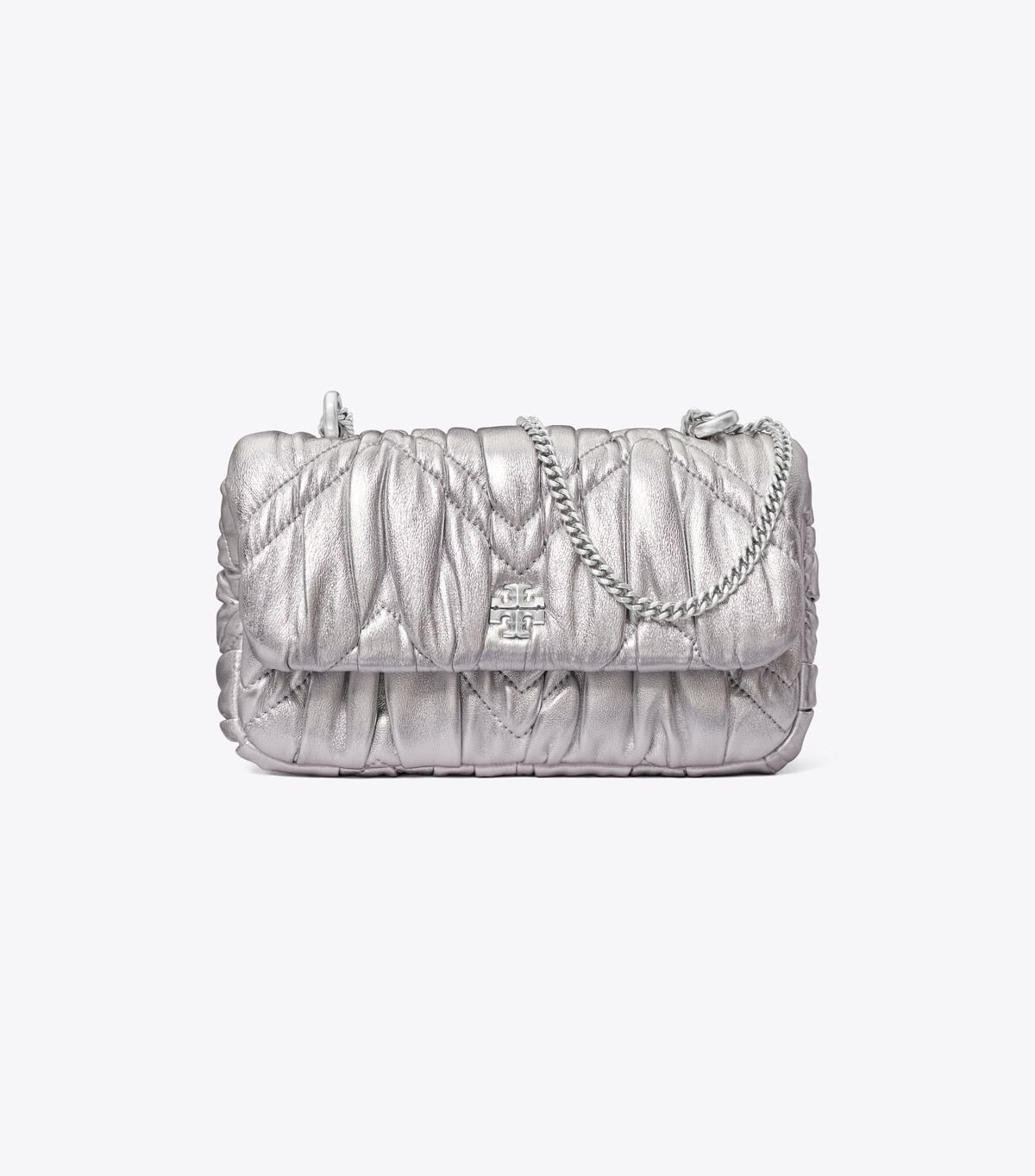 Women's Tory Burch Mini Kira Metallic Diamond Ruched Flap Crossbody Bags Silver | BZJNVE-289 - Tory Burch Outlet Sale