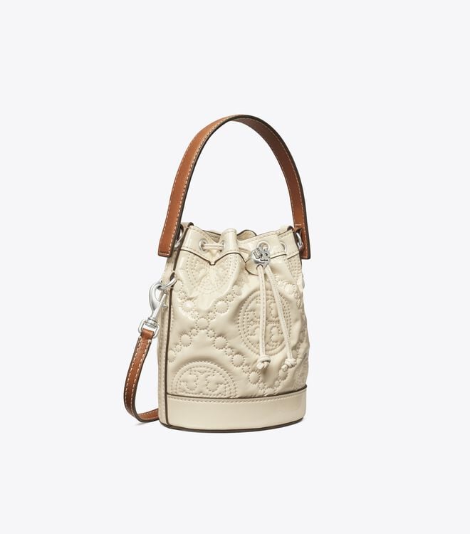 Women's Tory Burch Mini T Monogram Embroidered Patent Bucket Bags Light Cream | TYFQGA-185 - Tory Burch Outlet Sale