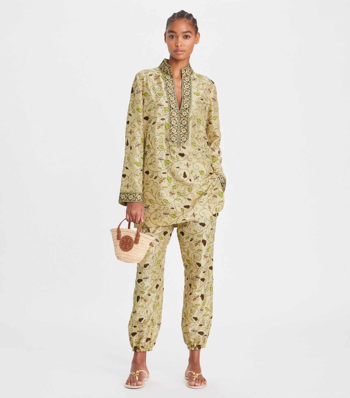 Women's Tory Burch Embroidered Silk Tory Tunic Shirts Khaki | LRGAUB-853 - Tory Burch Outlet Sale