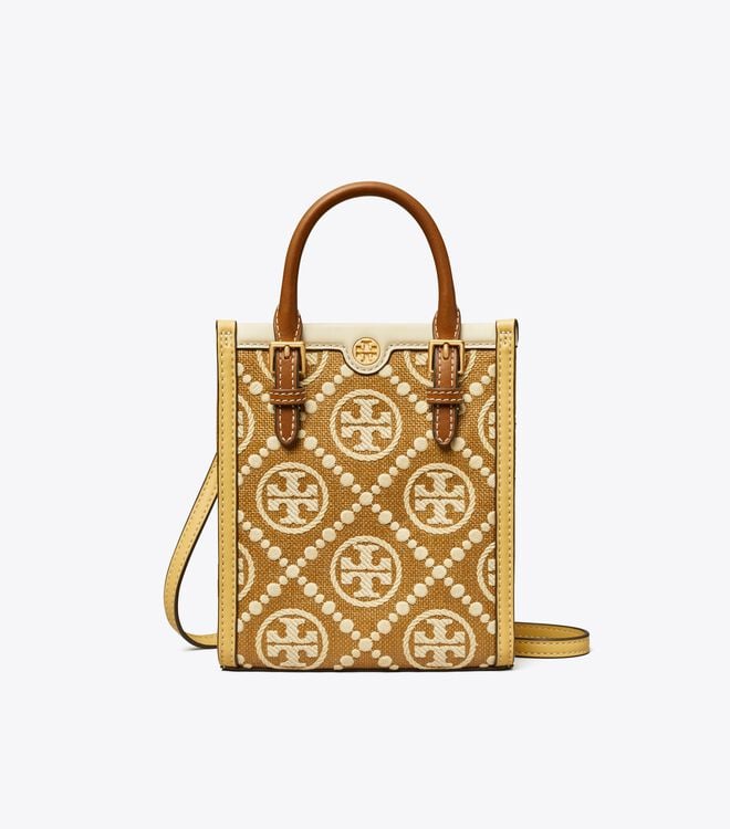 Women's Tory Burch Mini T Monogram Embroidered Raffia Tote Bags Copper | HSGRMX-927 - Tory Burch Outlet Sale