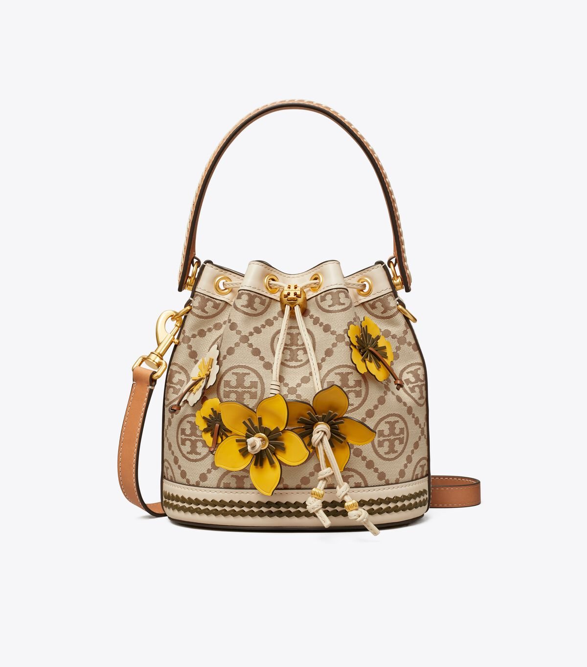 Women's Tory Burch T Monogram Braided Floral Bucket Bags Beige | SUEVZR-653 - Tory Burch Outlet Sale