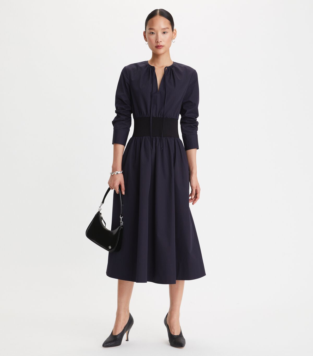 Women's Tory Burch Poplin Knit-waist Dress Navy | HICVKM-470 - Tory Burch Outlet Sale