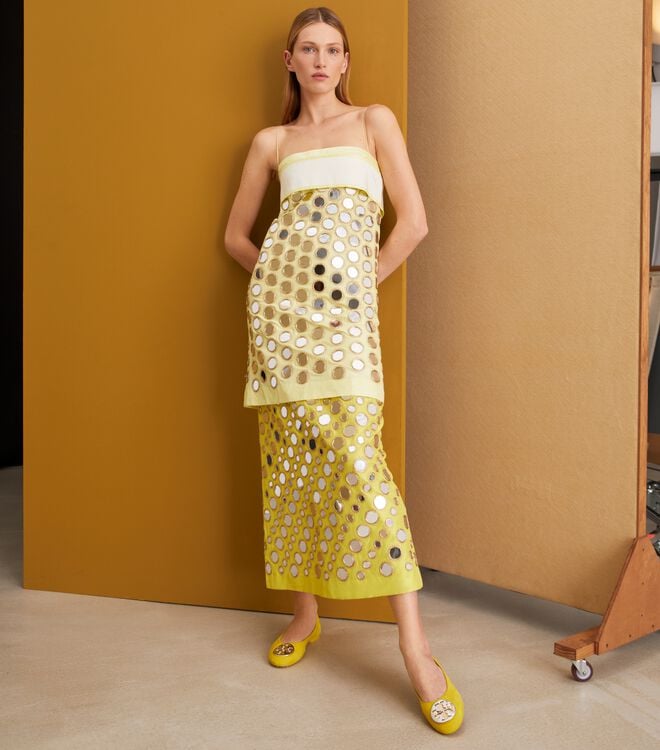 Women's Tory Burch Layered Hand-done Mirrorwork Silk Dress Yellow | VNOMWG-156 - Tory Burch Outlet Sale