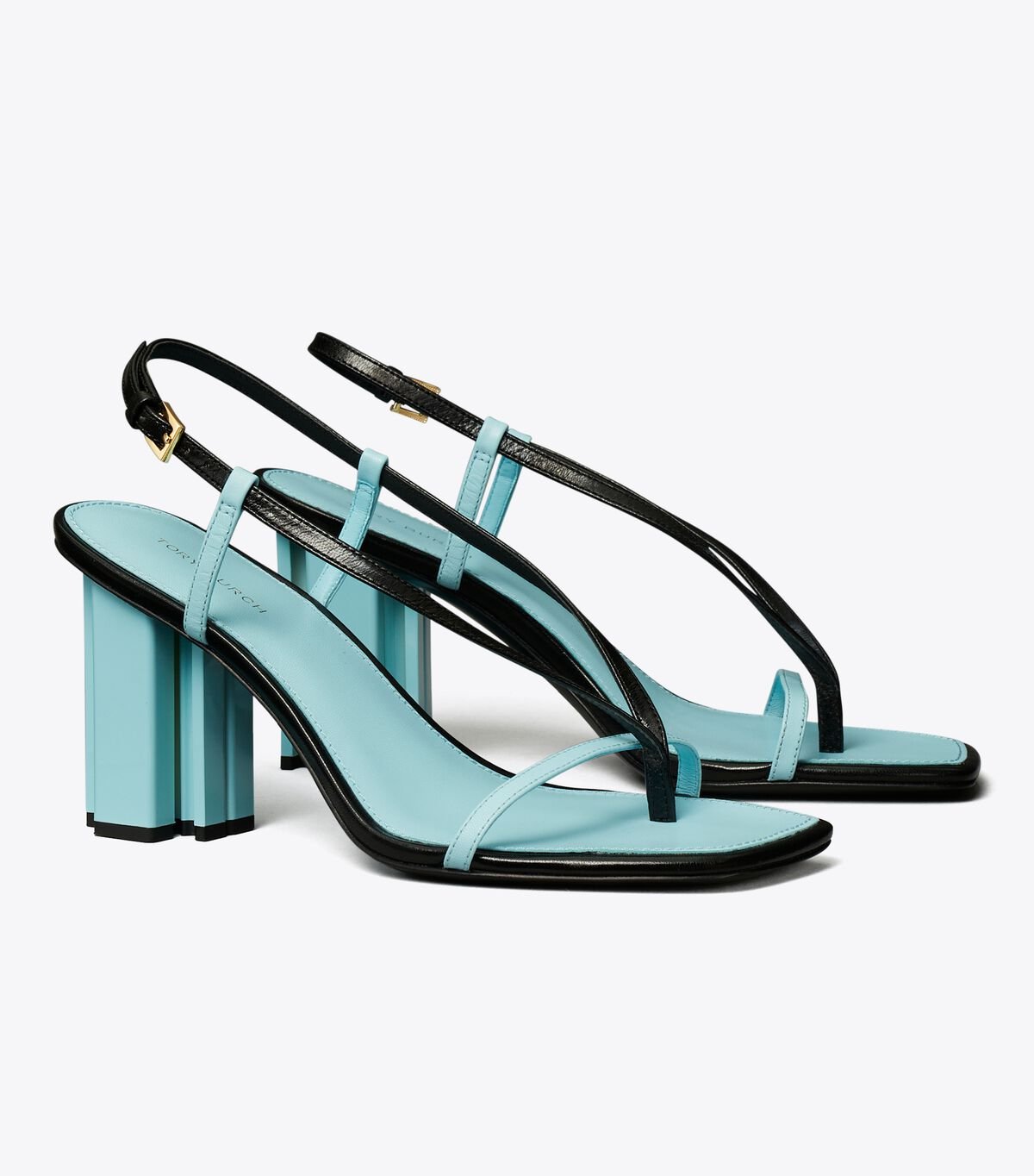 Women's Tory Burch T Stamp Heels Sandals Black / Light Blue | DRISCA-708 - Tory Burch Outlet Sale