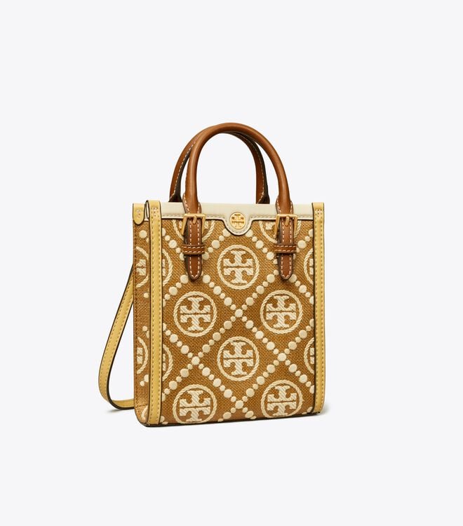Women's Tory Burch Mini T Monogram Embroidered Raffia Tote Bags Copper | HSGRMX-927 - Tory Burch Outlet Sale