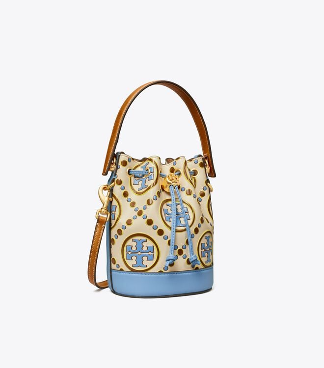 Women's Tory Burch Mini T Monogram Contrast Embossed Bucket Bags White / Blue | GAKLCI-738 - Tory Burch Outlet Sale