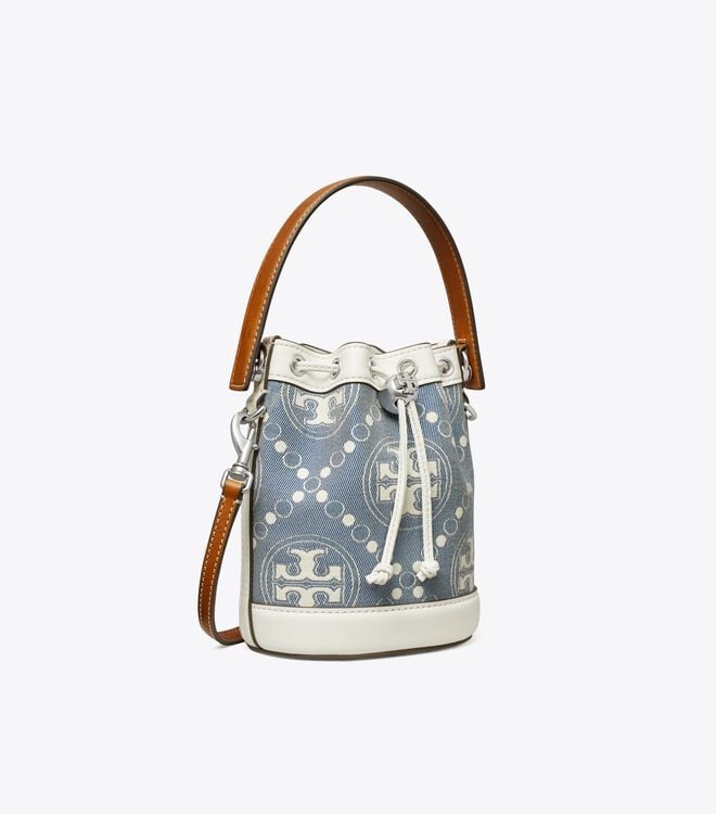Women's Tory Burch Mini T Monogram Denim Bucket Bags Blue | VIFXQR-720 - Tory Burch Outlet Sale