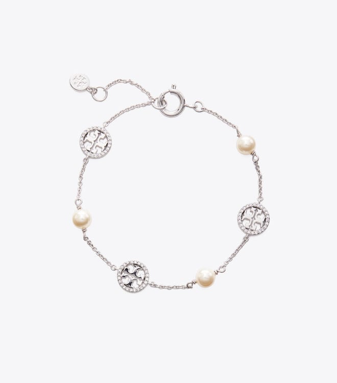 Women's Tory Burch Crystal Pearl Logo Bracelet Silver | VCXDYQ-347 - Tory Burch Outlet Sale