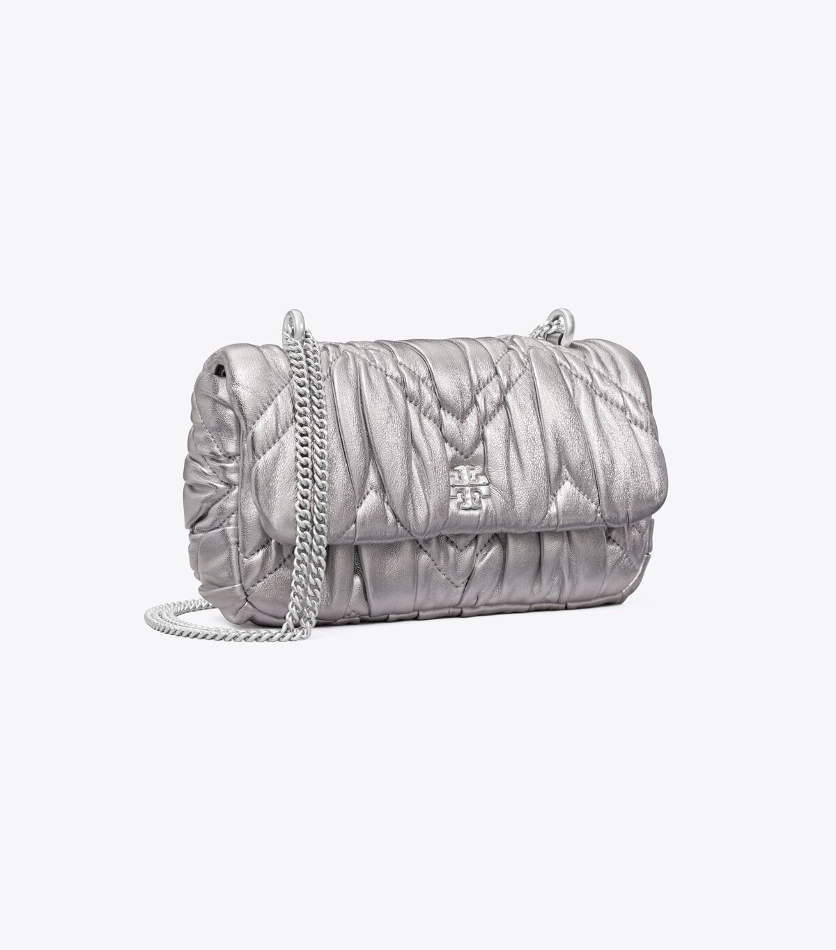 Women's Tory Burch Mini Kira Metallic Diamond Ruched Flap Crossbody Bags Silver | BZJNVE-289 - Tory Burch Outlet Sale