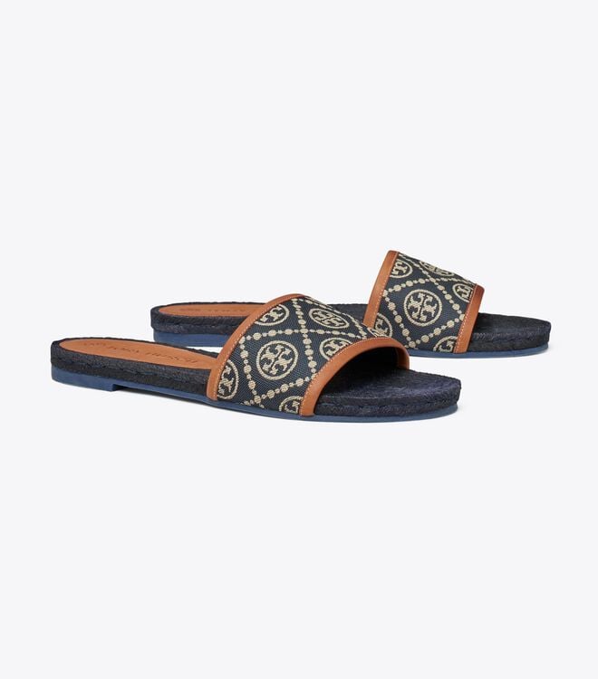 Women's Tory Burch T Monogram Espadrille Slides Navy | IPBNCX-098 - Tory Burch Outlet Sale