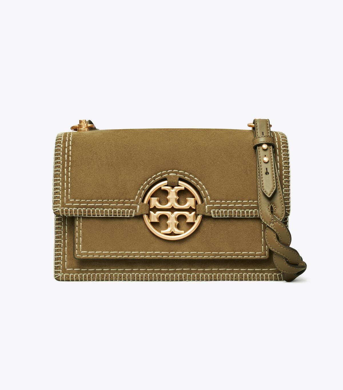 Women's Tory Burch Miller Suede Stitched Flap Shoulder Bags Khaki | FXOYQC-458 - Tory Burch Outlet Sale