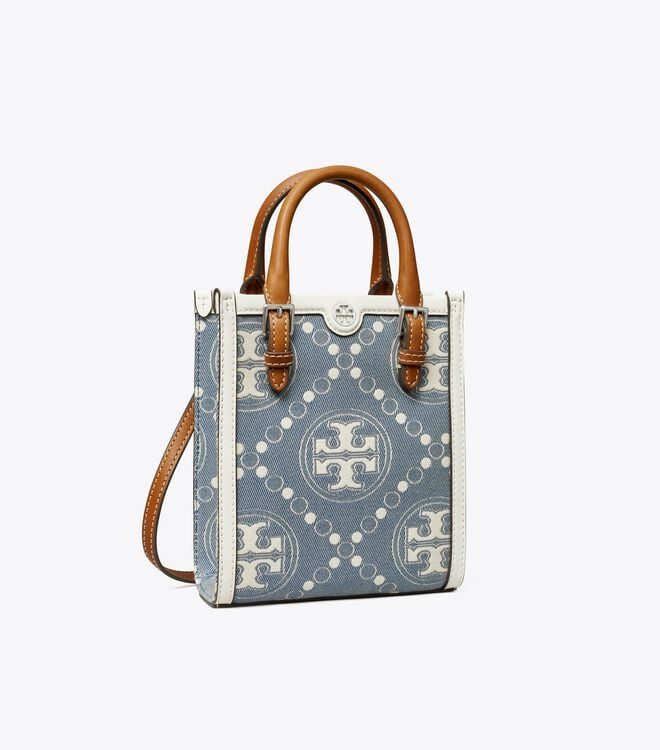 Women's Tory Burch Mini T Monogram Denim Tote Bags Blue | KOGUIE-534 - Tory Burch Outlet Sale