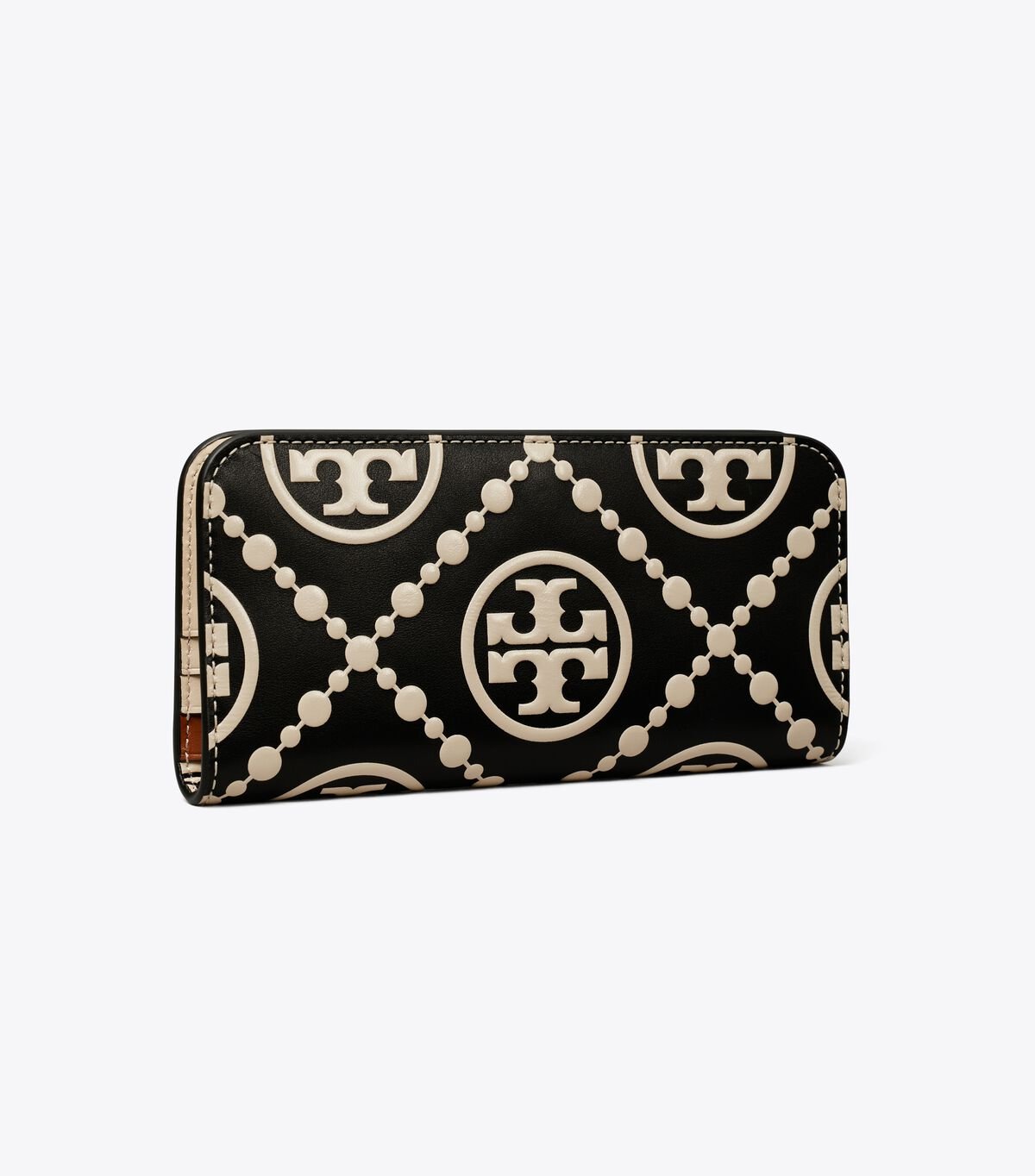Women's Tory Burch T Monogram Contrast Embossed Zip Slim Wallets Black / Cream | VIKJRS-614 - Tory Burch Outlet Sale