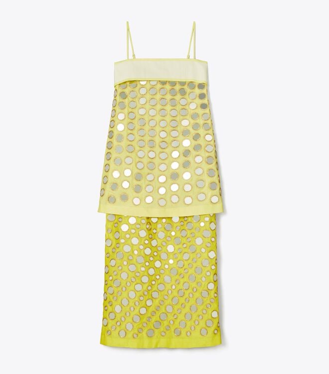 Women's Tory Burch Layered Hand-done Mirrorwork Silk Dress Yellow | VNOMWG-156 - Tory Burch Outlet Sale
