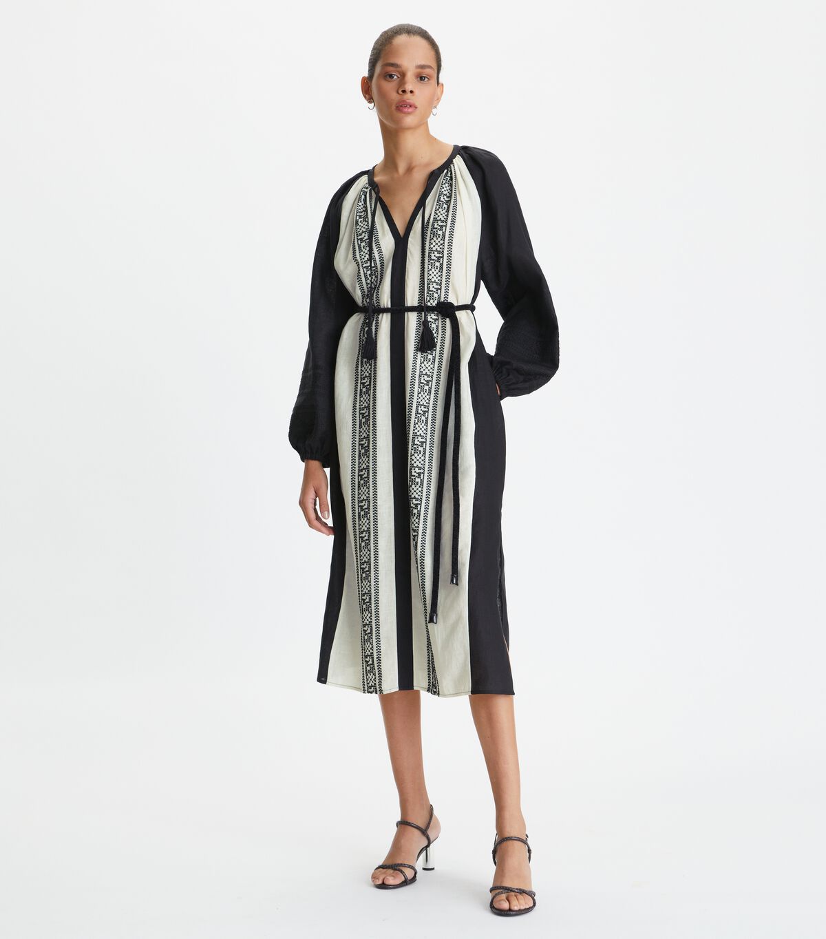 Women's Tory Burch Embroidered Caftan Dress Black / White | AZGLCM-843 - Tory Burch Outlet Sale