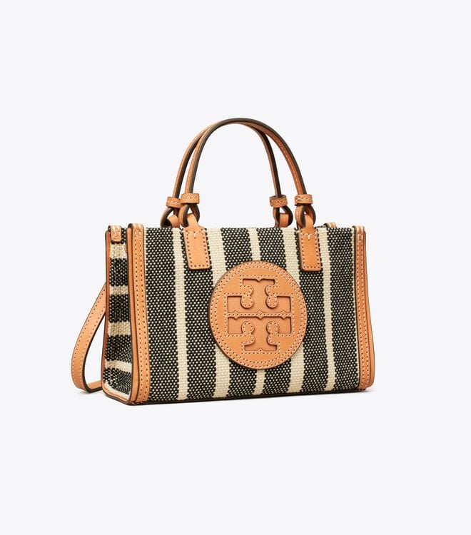 Women's Tory Burch Mini Ella Striped Canvas Tote Bags Black / White | PWTHEI-543 - Tory Burch Outlet Sale