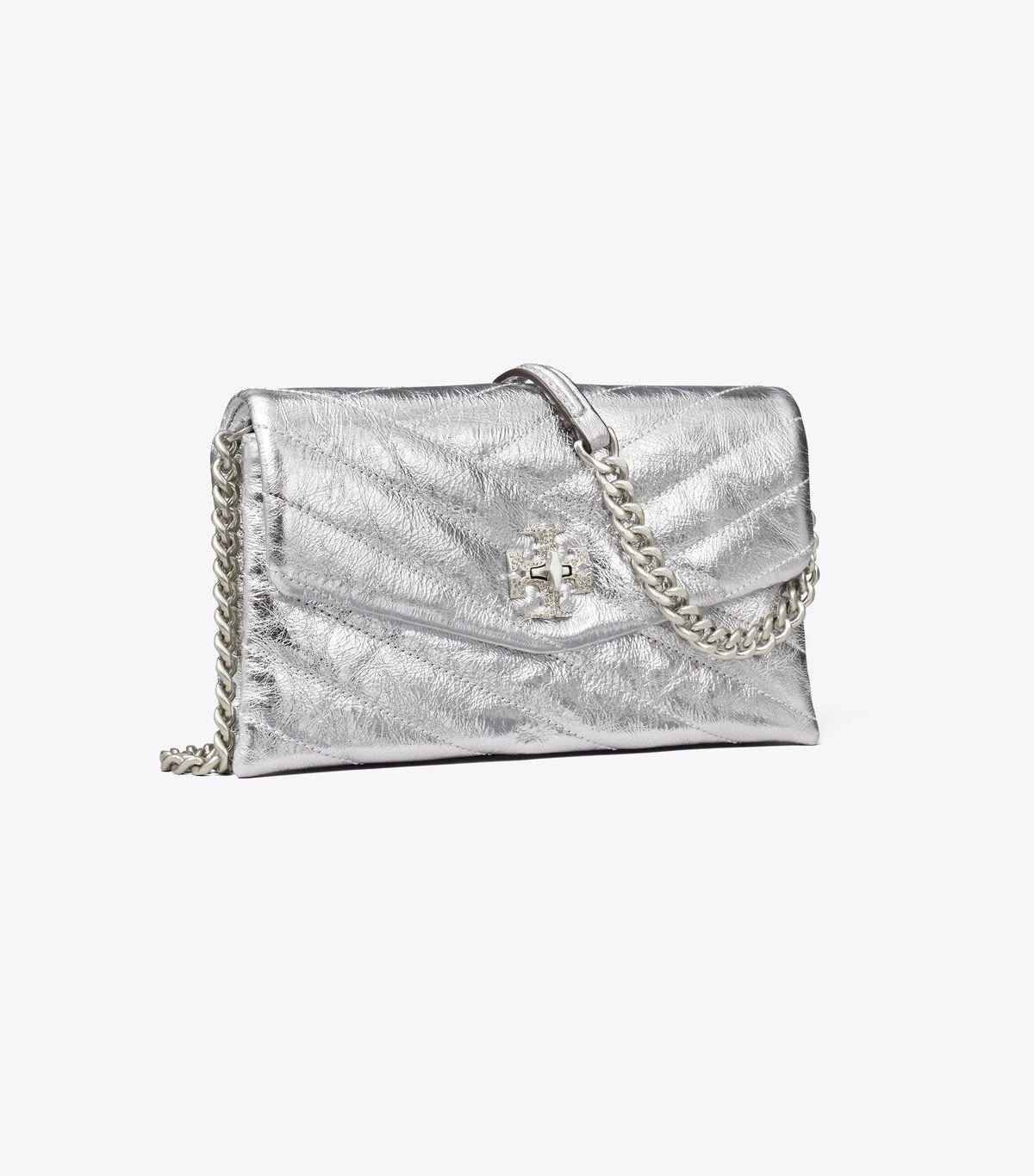 Women's Tory Burch Kira Chevron Metallic Pave Logo Chain Crossbody Bags Silver | WZJUHS-901 - Tory Burch Outlet Sale