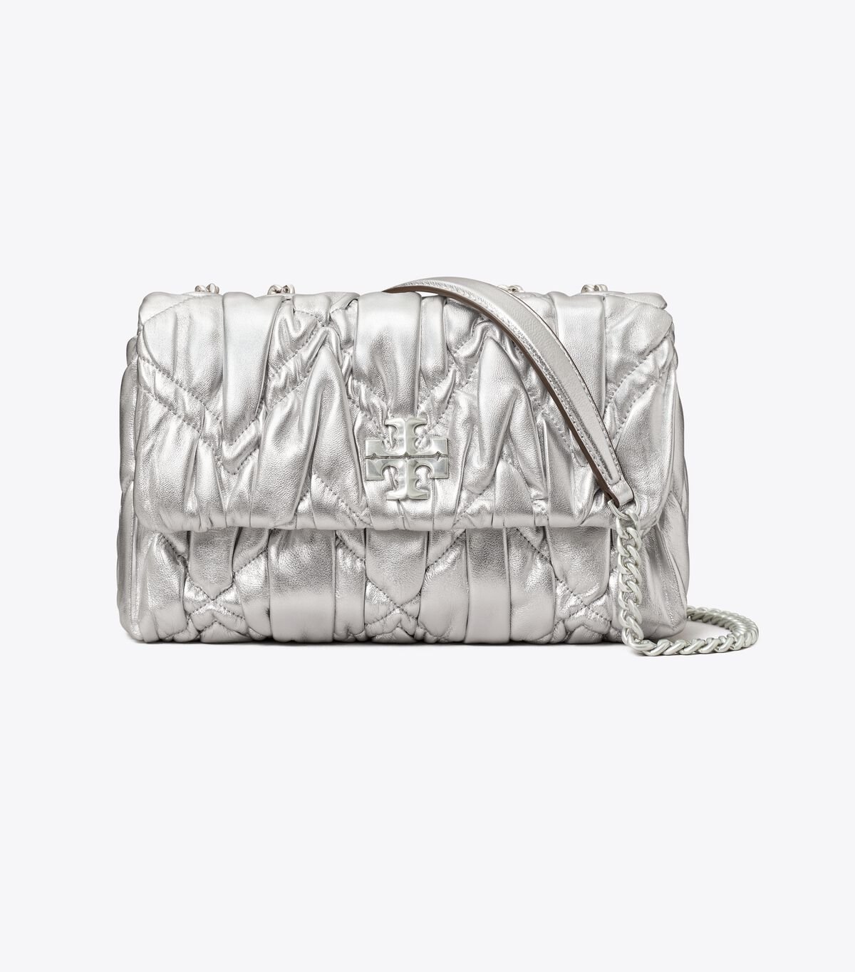Women's Tory Burch Small Kira Metallic Diamond Ruched Convertible Shoulder Bags Silver | XYZBEM-358 - Tory Burch Outlet Sale