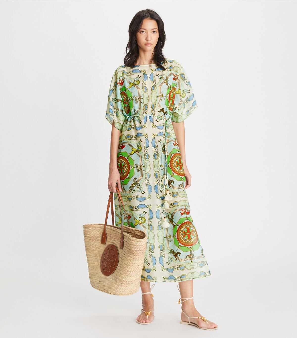 Women's Tory Burch Printed Cotton Silk Caftan Dress Mint | AWPEZR-982 - Tory Burch Outlet Sale