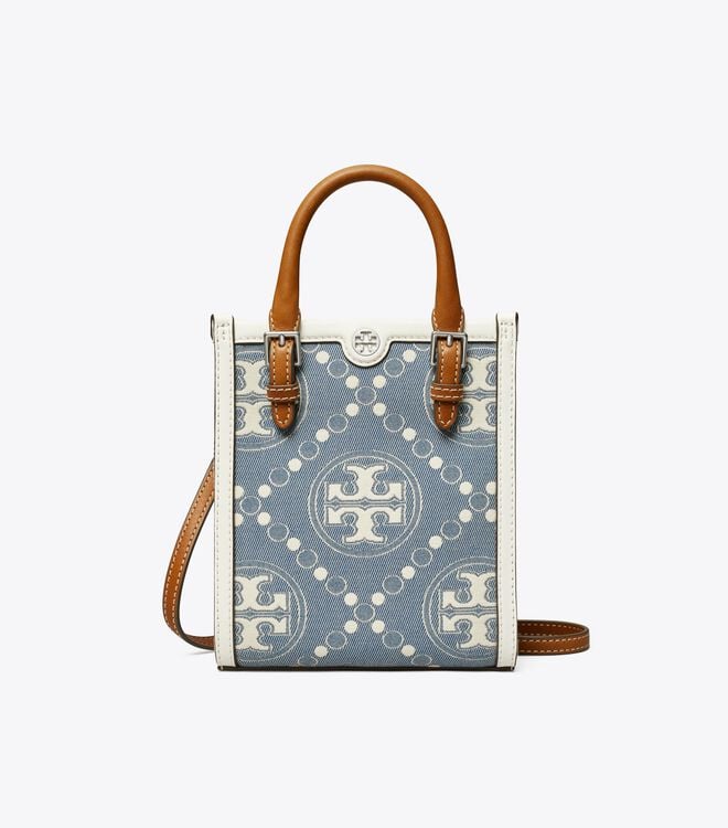 Women's Tory Burch Mini T Monogram Denim Tote Bags Blue | KOGUIE-534 - Tory Burch Outlet Sale