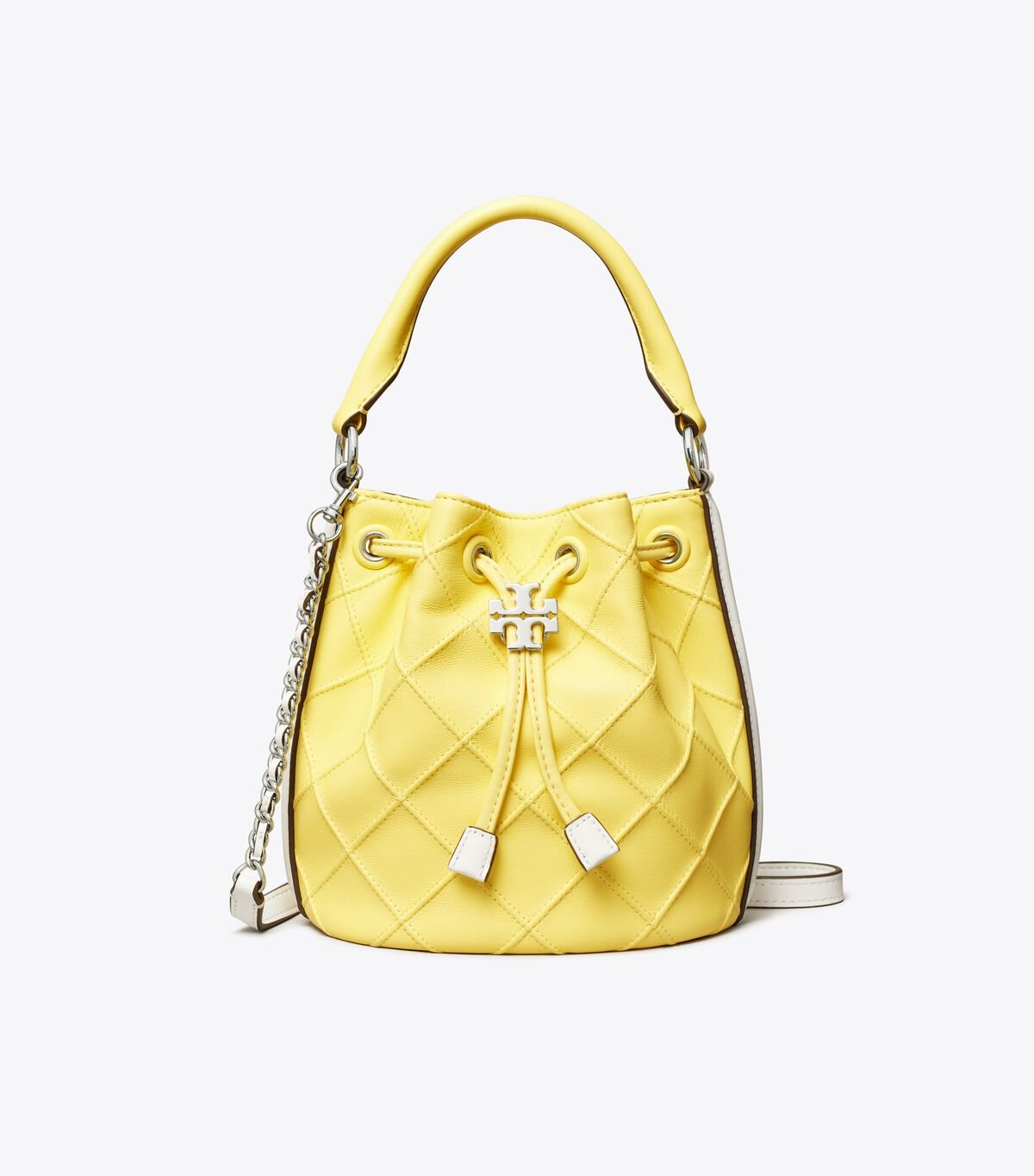 Women's Tory Burch Mini Fleming Soft Patent Border Bucket Bags Lemon / White | IBOXWJ-327 - Tory Burch Outlet Sale