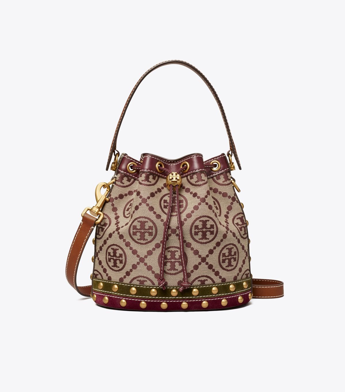 Women's Tory Burch T Monogram Jacquard Studded Bucket Bags Claret | IQGMKO-208 - Tory Burch Outlet Sale