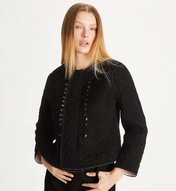 Women's Tory Burch Iridescent Velvet Quilted Jackets Black | EGJPLS-237 - Tory Burch Outlet Sale