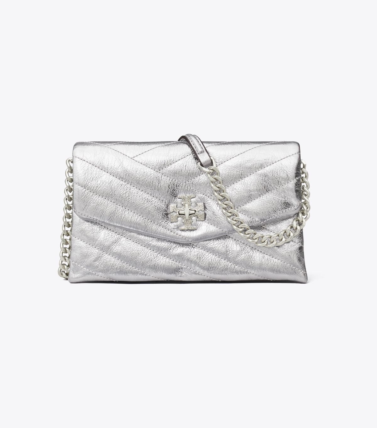 Women's Tory Burch Kira Chevron Metallic Pave Logo Chain Crossbody Bags Silver | WZJUHS-901 - Tory Burch Outlet Sale