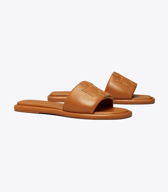 Women's Tory Burch Double T Sport Slides Gold | RKCATW-897 - Tory Burch Outlet Sale