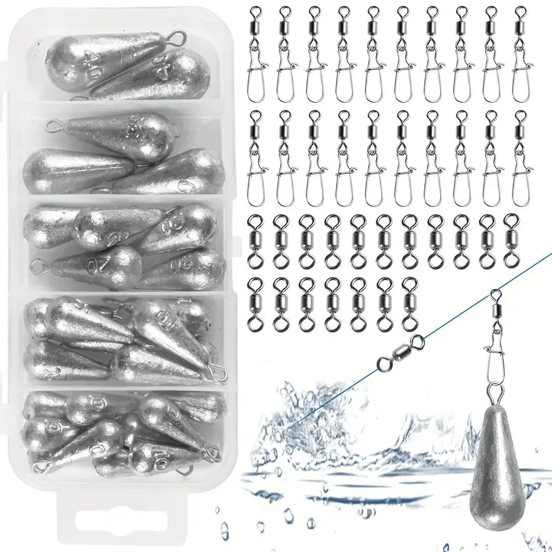 FAS Pro 66pcs Fishing Accessories - Mixed Size Lead Sinkers & Rolling Snap Swivels