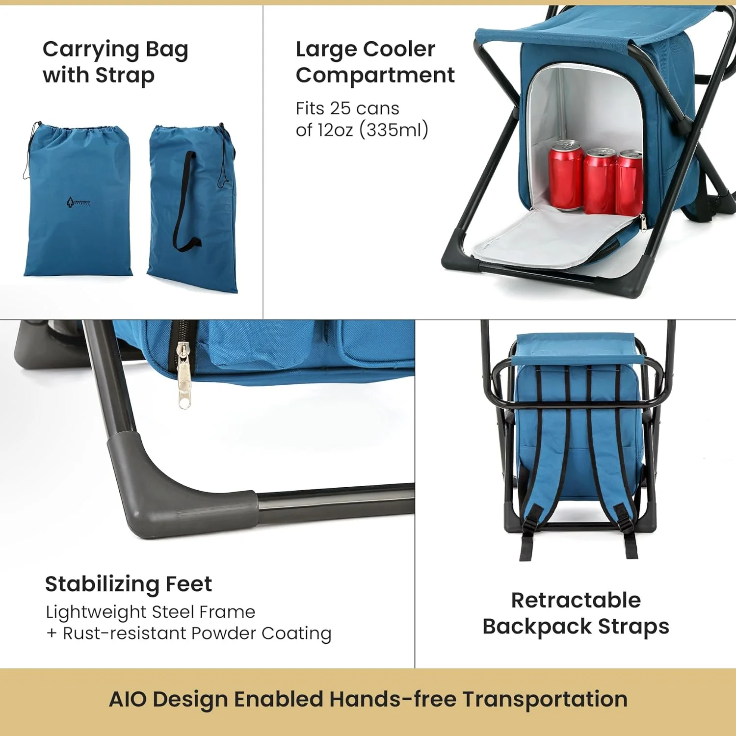 Backpackable Stool with Backrest and Cooler - Large Seat