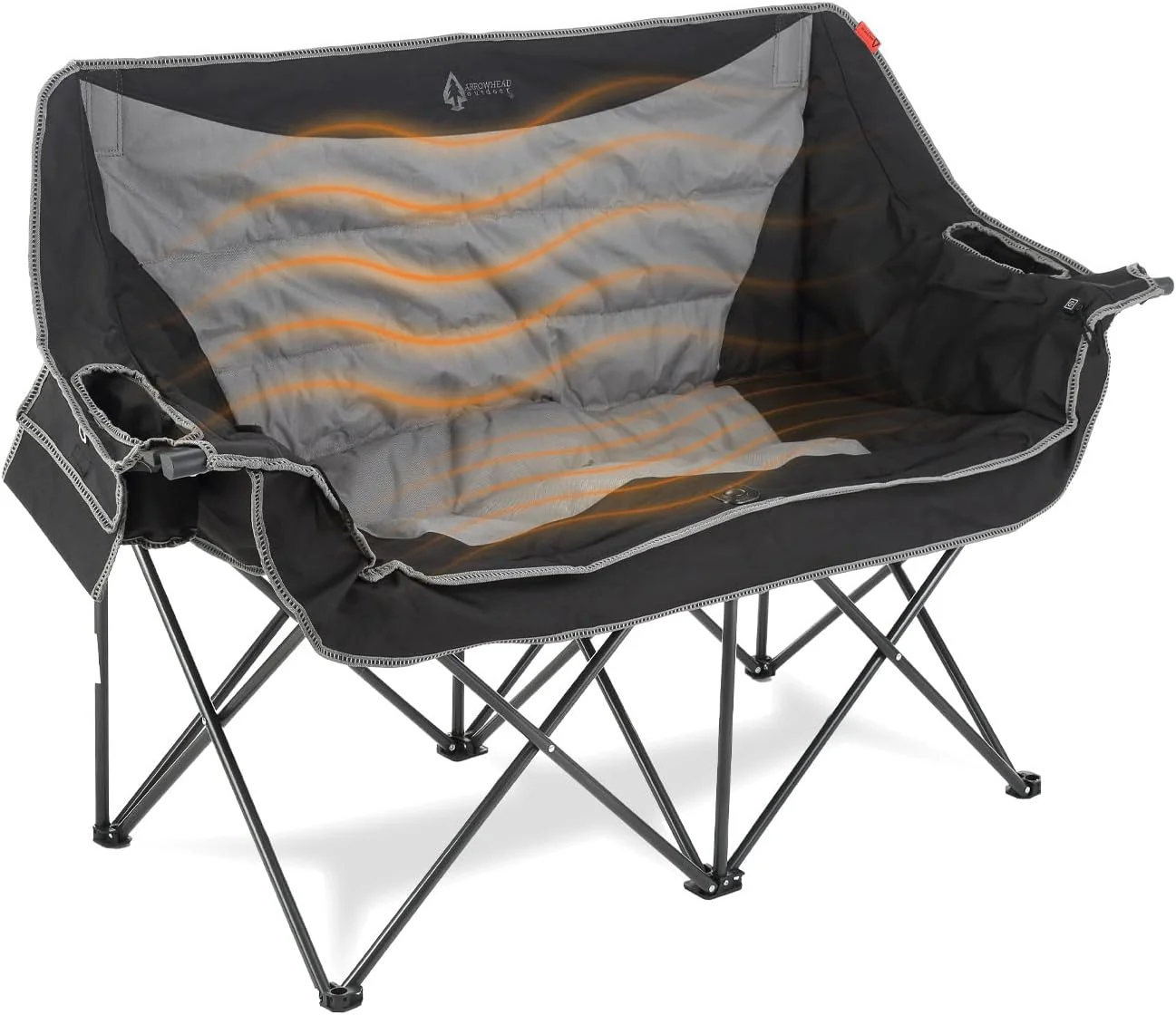 Portable Heated Folding Double Duo Camping Chair Loveseat w/ 2 Cup & Wine Glass Holder