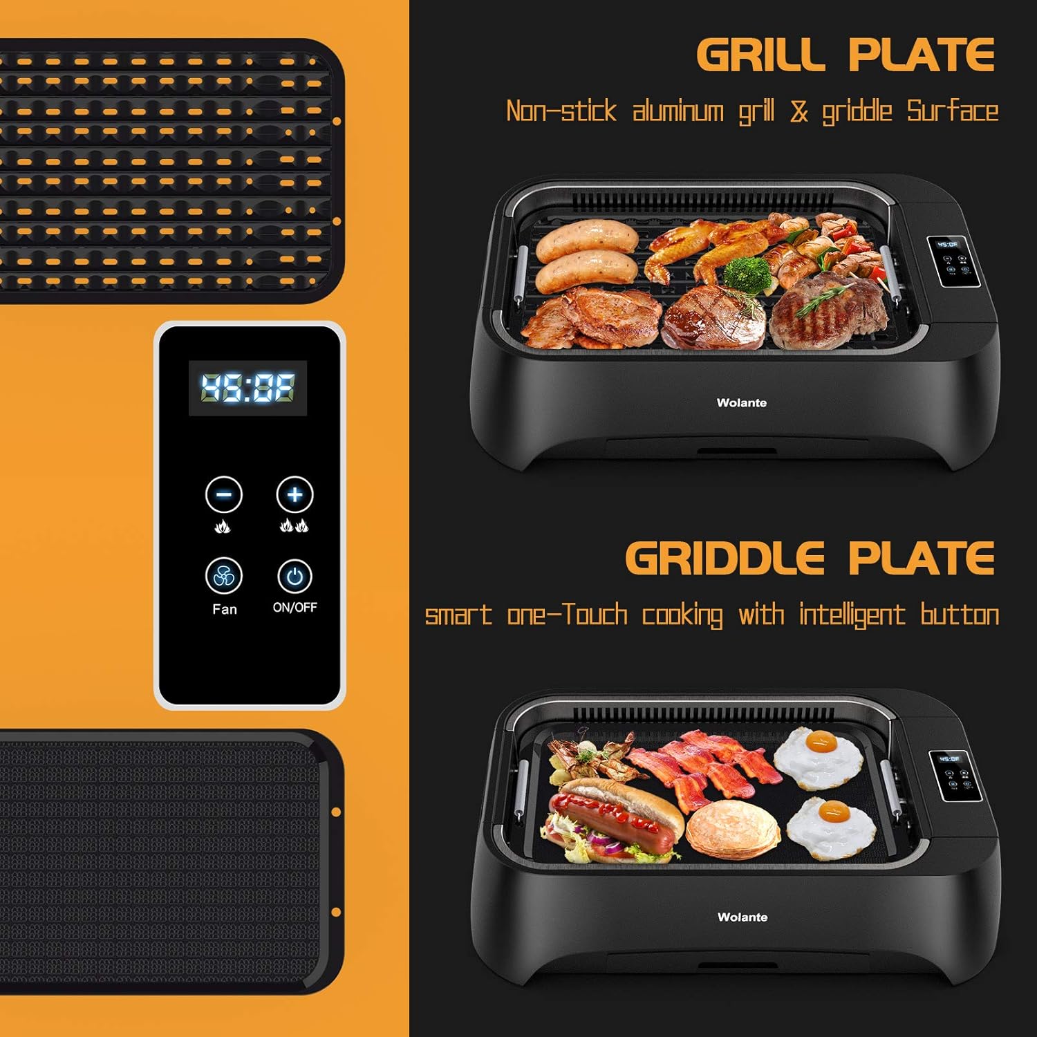 Smokeless Indoor Grill 1500W Electric Grill Griddle, Wolante Interchangeable Non-stick BBQ Grill Griddle w/ Turbo Smoke Extractor Technology, 4D Trap Heat Technology, Drip Tray & Removable Plate, Dishwasher-Safe