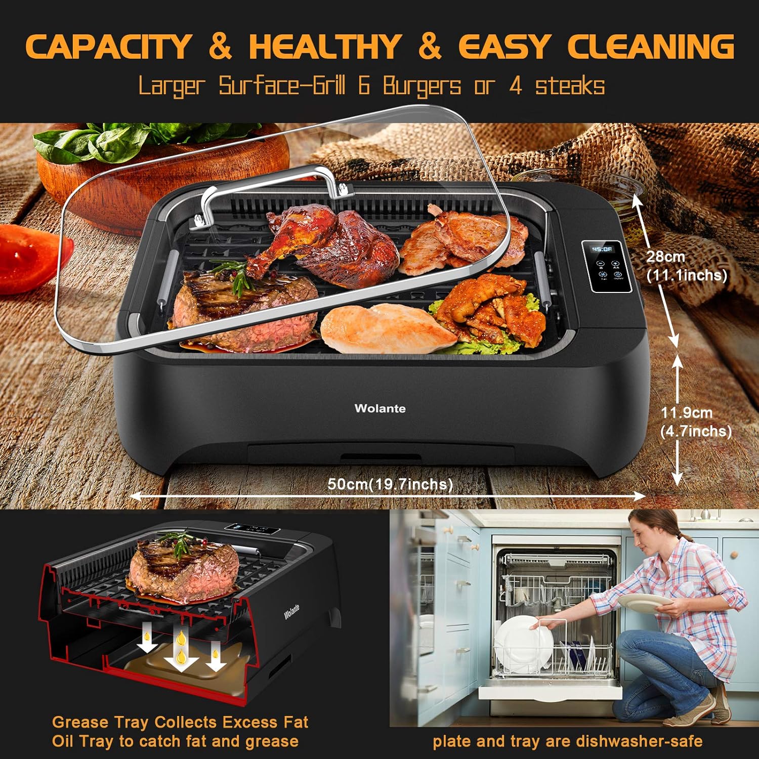 Smokeless Indoor Grill 1500W Electric Grill Griddle, Wolante Interchangeable Non-stick BBQ Grill Griddle w/ Turbo Smoke Extractor Technology, 4D Trap Heat Technology, Drip Tray & Removable Plate, Dishwasher-Safe