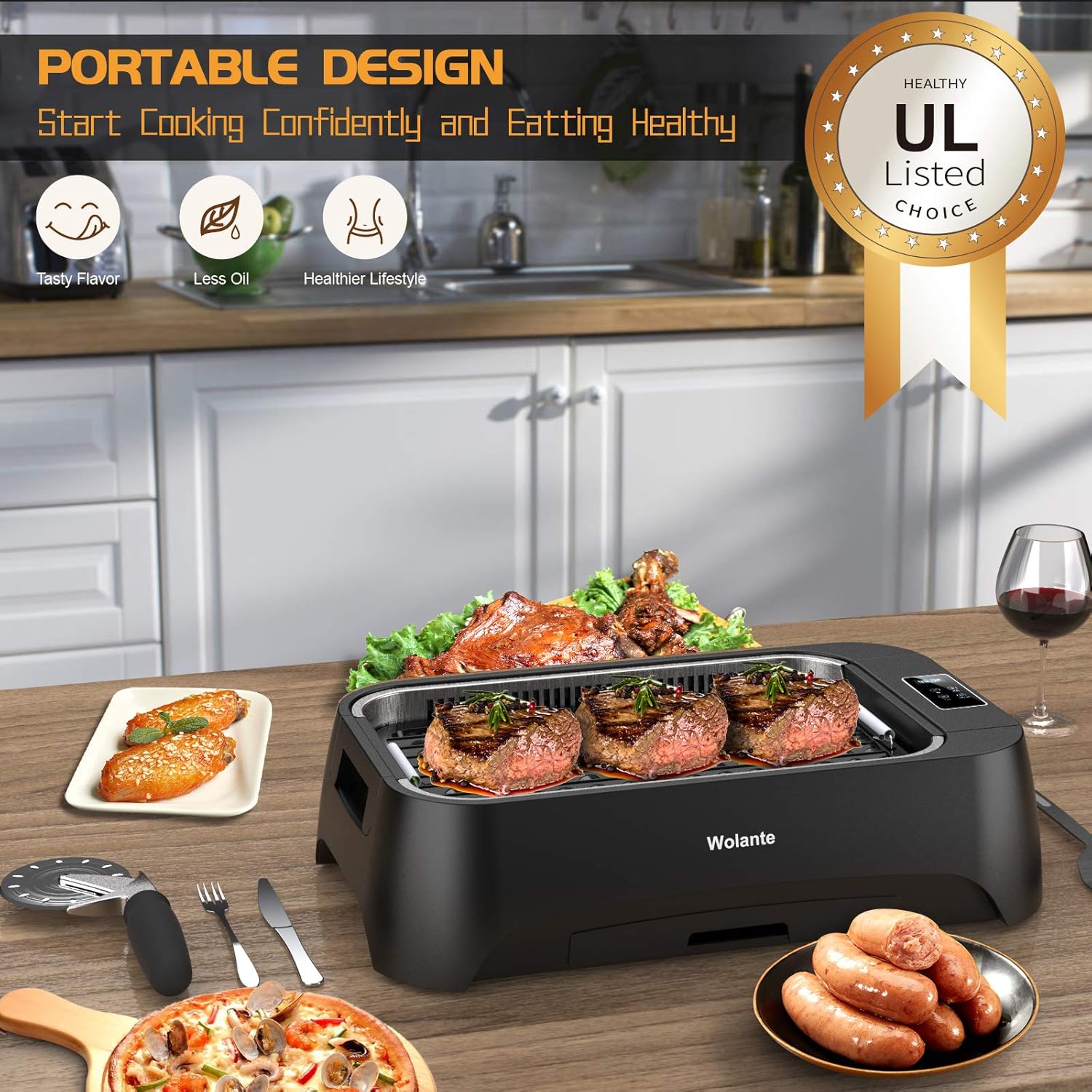 Smokeless Indoor Grill 1500W Electric Grill Griddle, Wolante Interchangeable Non-stick BBQ Grill Griddle w/ Turbo Smoke Extractor Technology, 4D Trap Heat Technology, Drip Tray & Removable Plate, Dishwasher-Safe