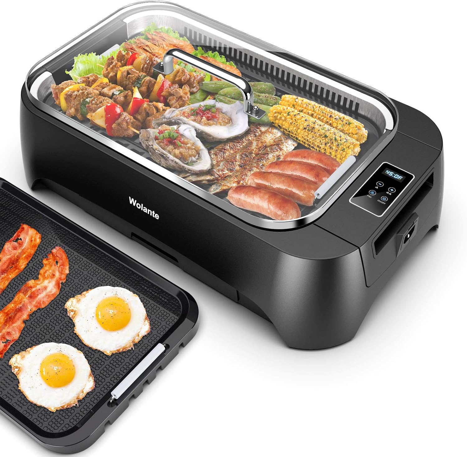 Smokeless Indoor Grill 1500W Electric Grill Griddle, Wolante Interchangeable Non-stick BBQ Grill Griddle w/ Turbo Smoke Extractor Technology, 4D Trap Heat Technology, Drip Tray & Removable Plate, Dishwasher-Safe