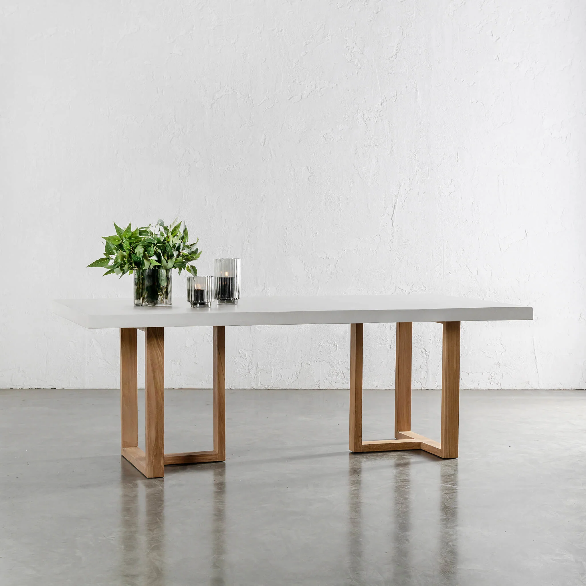 ARIA HALMSTAD DINING TABLE  |  BIANCO CIMENT + TEAK LEGS  |  220CM