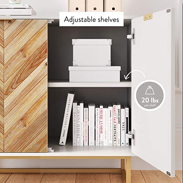 Nathan James Enloe Modern Storage, Free Standing Accent Cabinet with Doors in a Rustic Fir Wood Finish Powder-coated Metal Base for Hallway, Entryway or Living Room, White/Gold