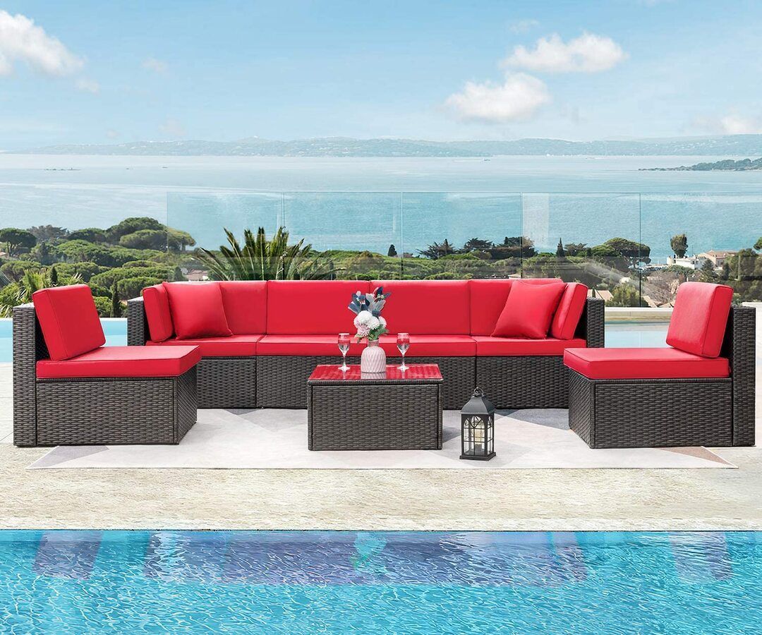 7 Pieces of Outdoor Sofa Terrace Furniture Set Hand-woven Wicker Rattan Terrace Dialogue Set with Cushions and Glass Table