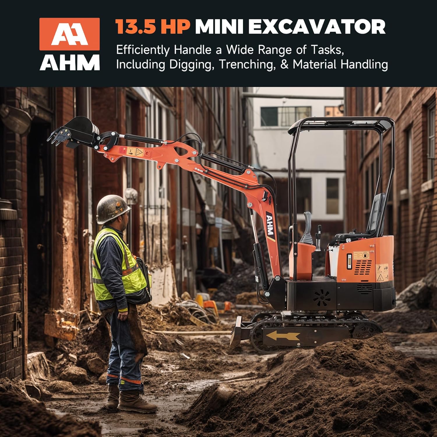 Last chance | AHM Mini Excavator, 1 Ton Mini Digger with Hammer Auger Log Grapple Quick Hitch Grading Bucket & Rake Included, 13.5 hp Small Crawler Machine with Rain Canopy for Home Garden Farm Park Roadway Digging