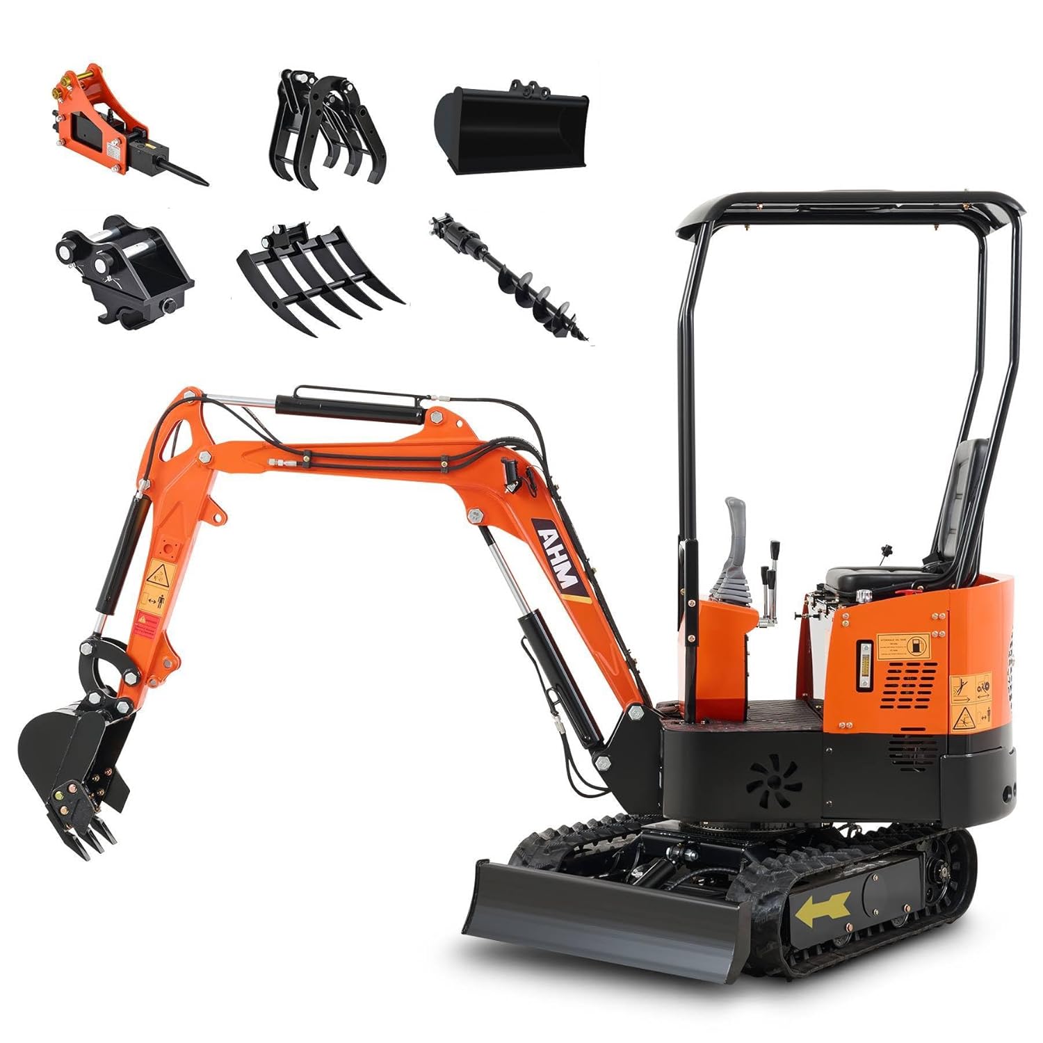 Last chance | AHM Mini Excavator, 1 Ton Mini Digger with Hammer Auger Log Grapple Quick Hitch Grading Bucket & Rake Included, 13.5 hp Small Crawler Machine with Rain Canopy for Home Garden Farm Park Roadway Digging