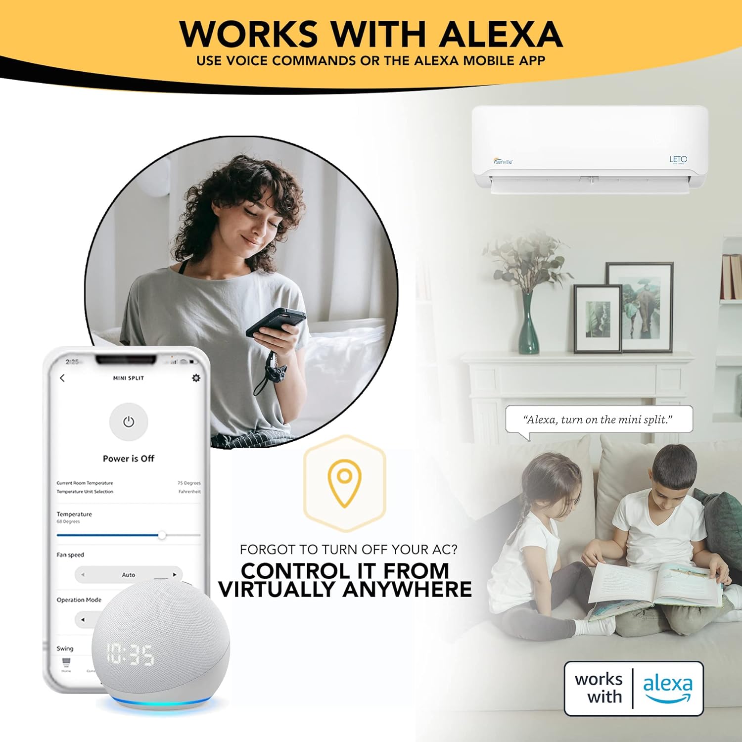 Senville LETO Series Mini Split Air Conditioner Heat Pump, 24000 BTU 208/230V, Inverter, Works with Alexa, SEER2 18, 2 Ton, White