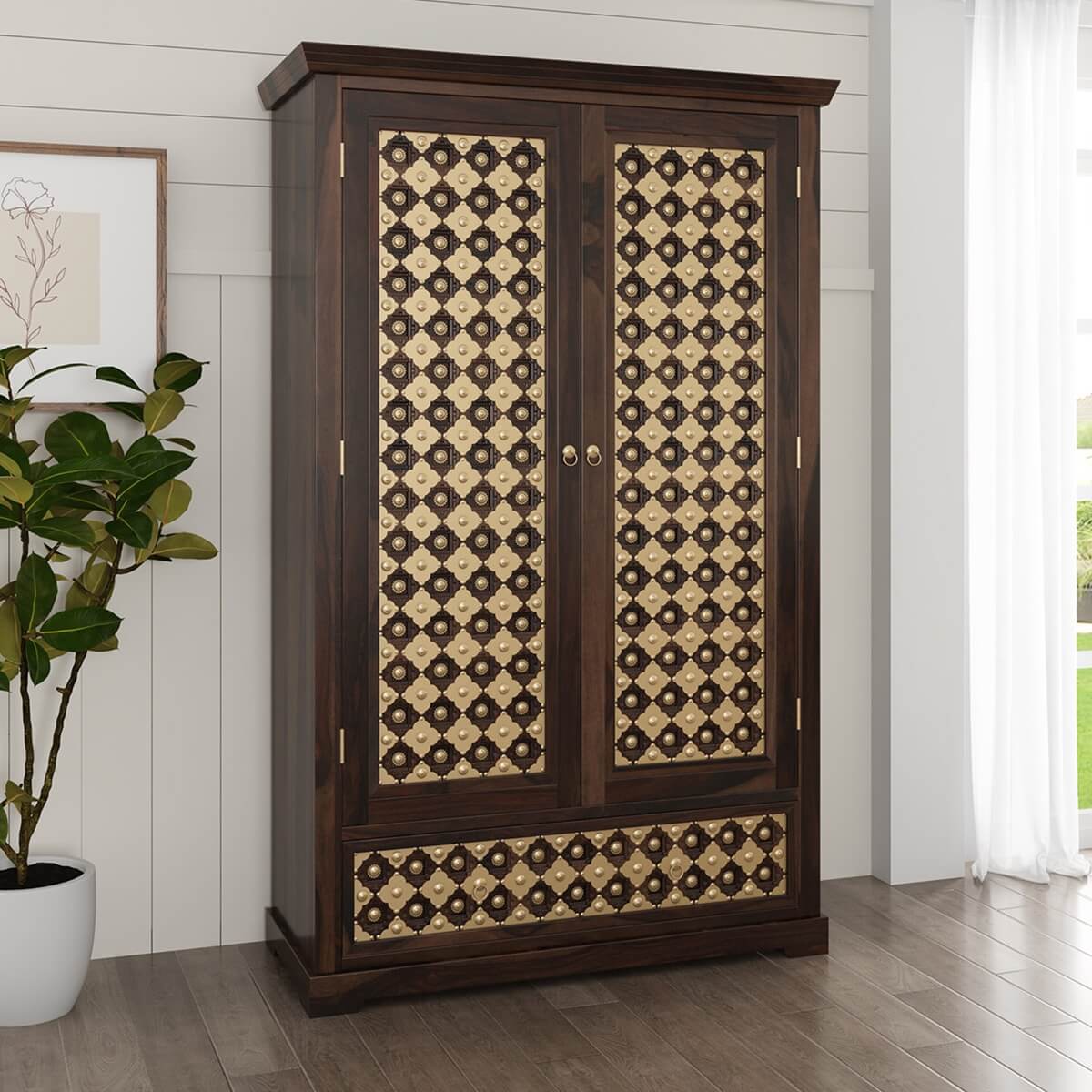 2023 HOT SALE Solid Wood Brass Inlay Armoire with 1 Drawer