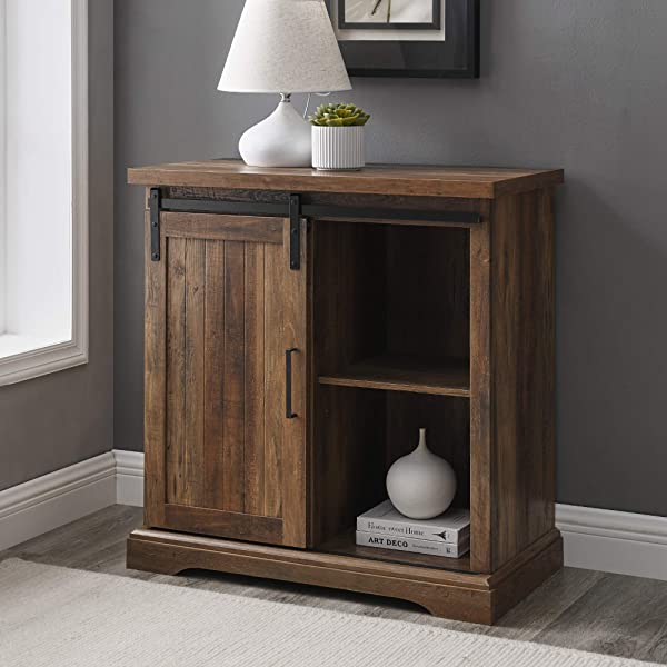 Walker Edison Beaumont Modern Farmhouse Sliding Slat Door Storage Cabinet, 32 Inch, White Oak White Oak Groove Door Cabinet