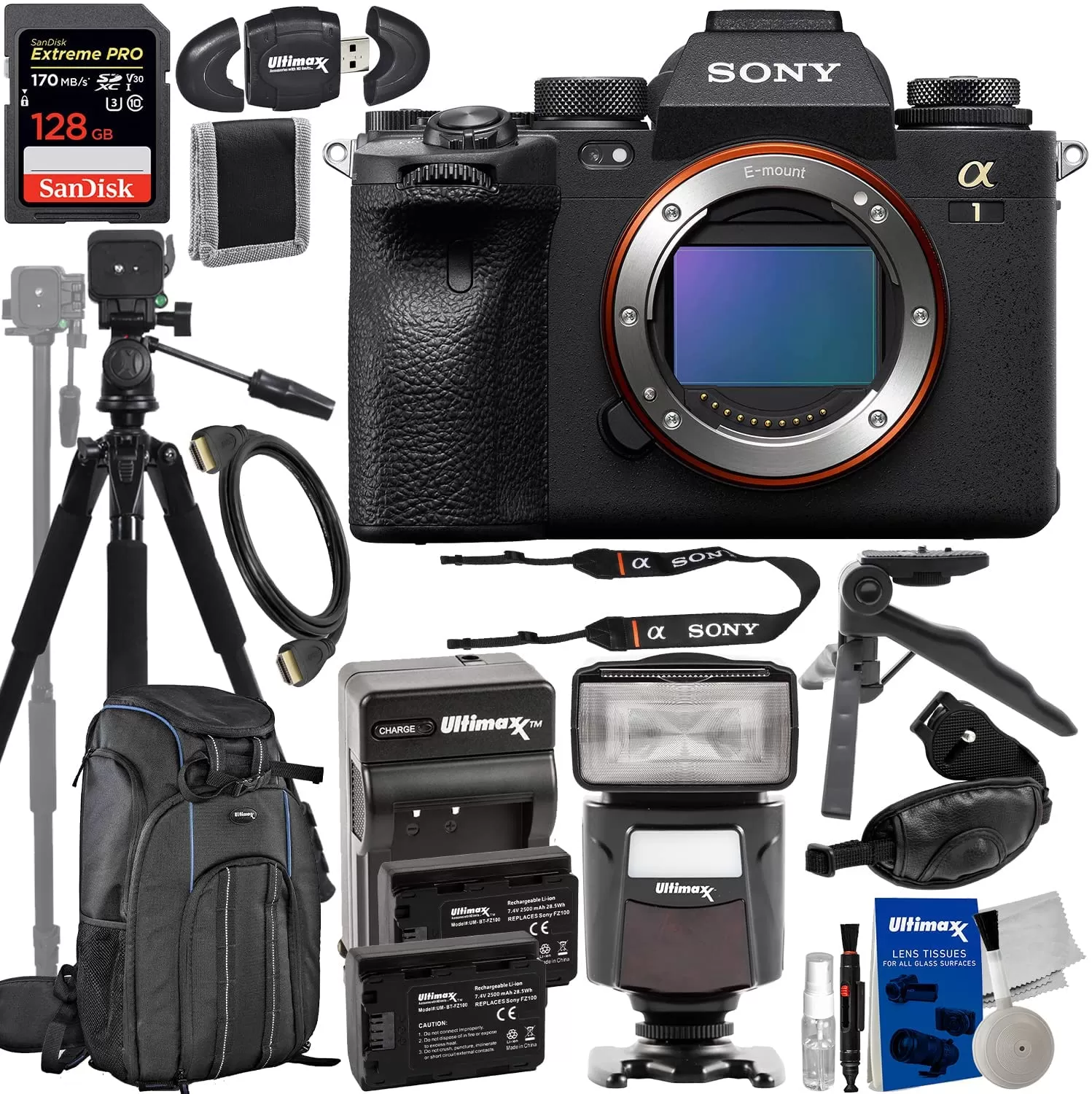 Sony A1 (Alpha 1) Mirrorless Camera (Body Only) + SanDisk 128GB Extreme Pro SDXC, 2X Extended Life Batteries, 2-in1 Lightweight 80â? Tripod/Monopod, Deluxe Camera Backpack & Much More (26pc Bundle)