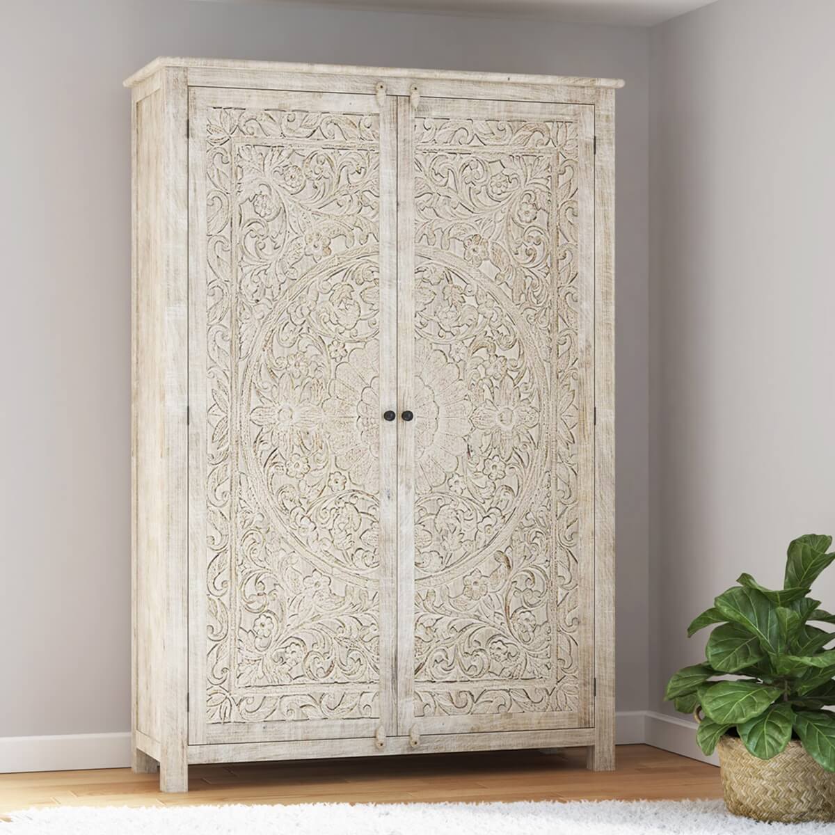 2023 HOT SALE Handcarved Weathered Solid Wood Large White Wardrobe Armoire