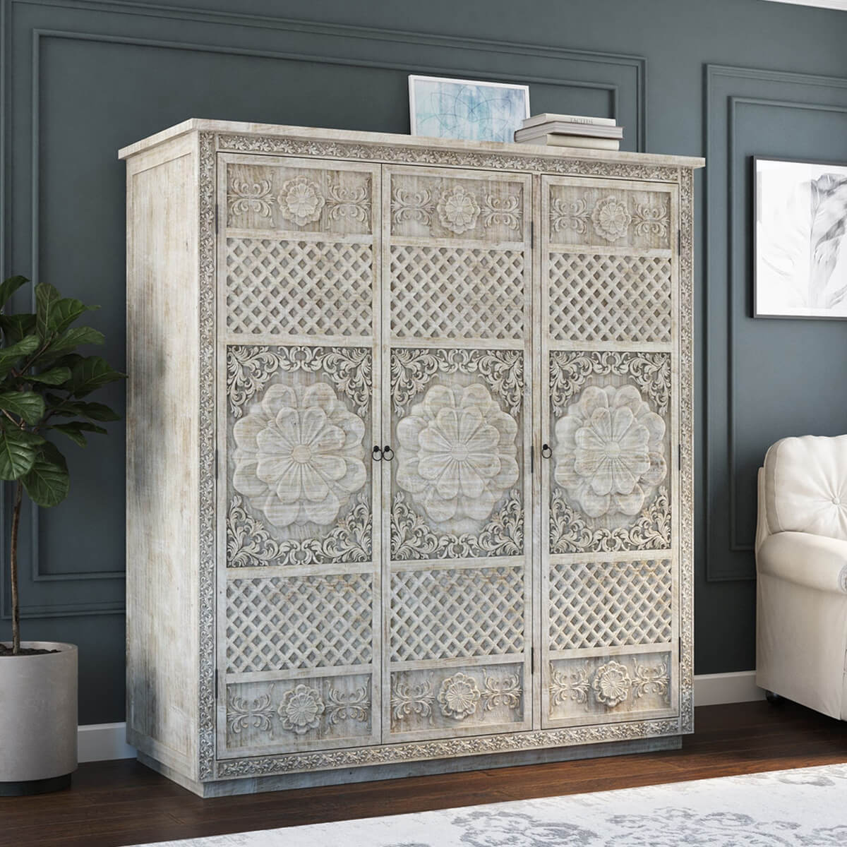 2023 HOT SALE Hand Carved Solid Wood 63” Large White Wardrobe Armoire