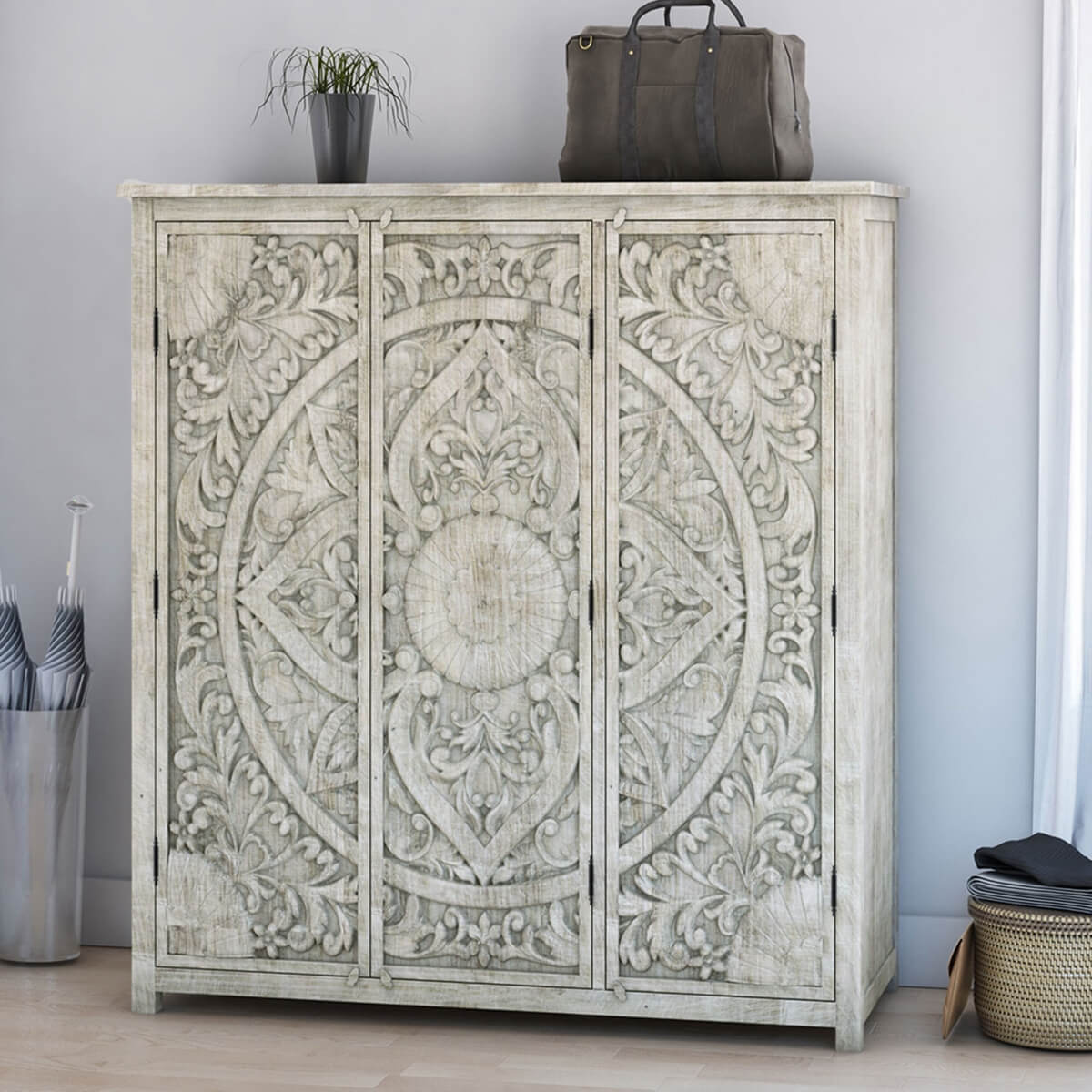 2023 HOT SALE Weathered Hand-carved Solid Mahogany Wood Large Clothing Armoire